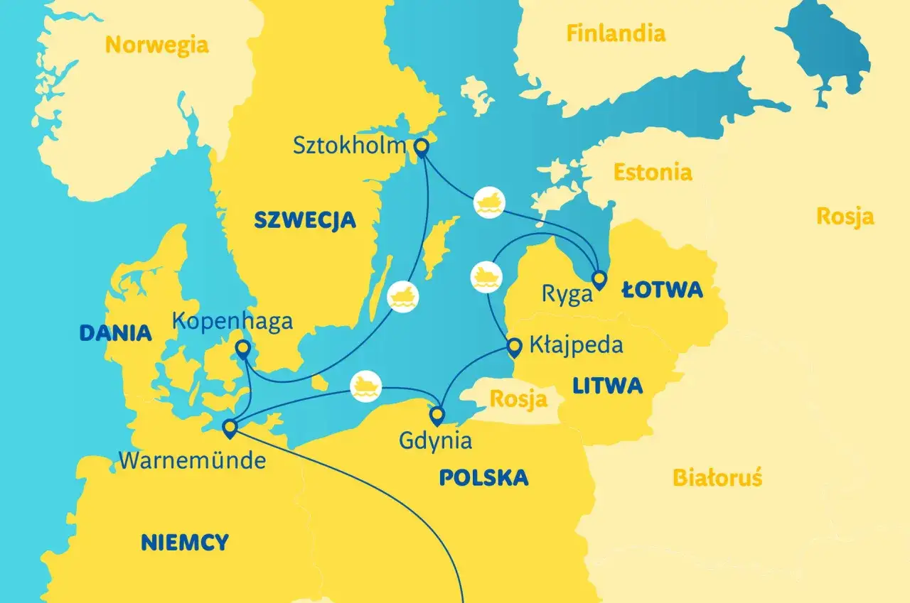 Mapa szlaków morskich przez Bałtyk, pokazująca połączenia między Danią, Szwecją, Polską, Litwą, Łotwą i Finlandią. Widać tu zatokę Bałtycką.
