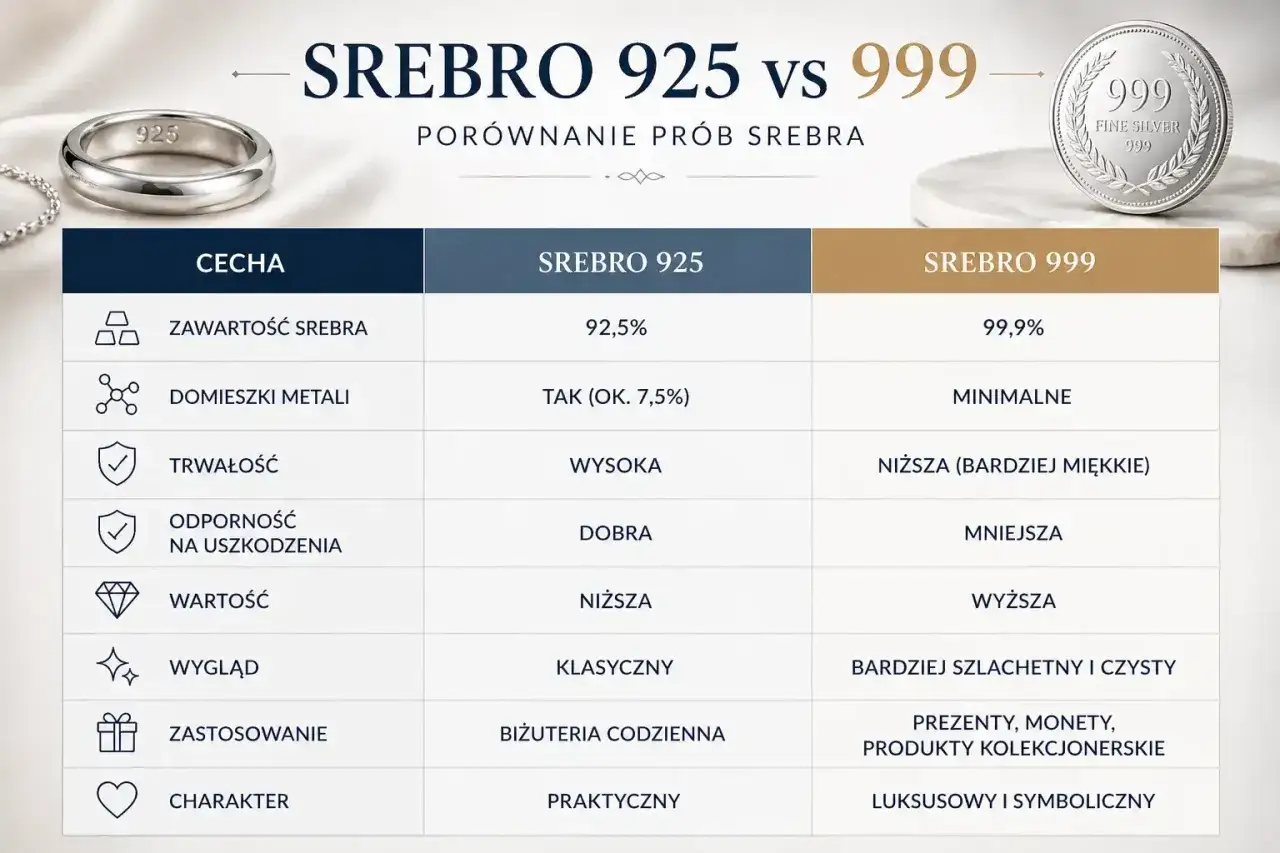 Porównanie srebra 925 i 999: białe złoto a srebro. Tabela ukazuje różnice w zawartości, trwałości i zastosowaniu.