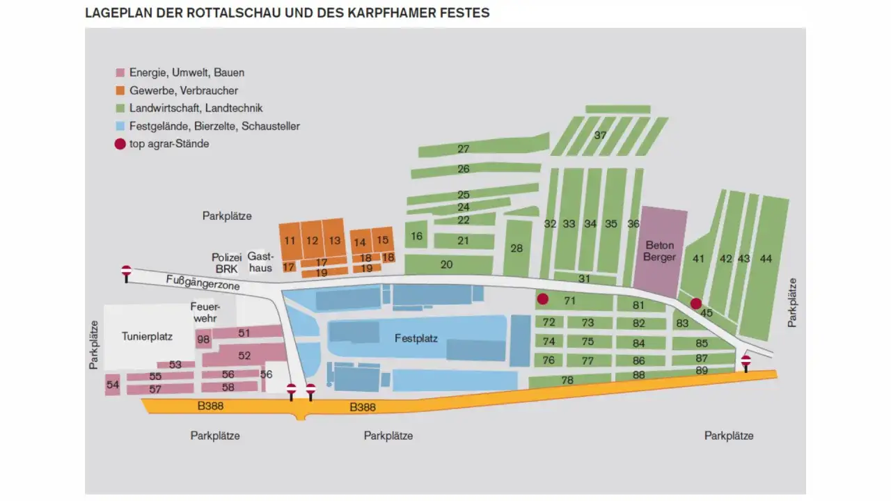 Lageplan der Rottalschau und des Karpfhamer Festes. &Uuml;bersicht &uuml;ber Ausstellerbereiche, Festplatz, Parkpl&auml;tze und die B388.