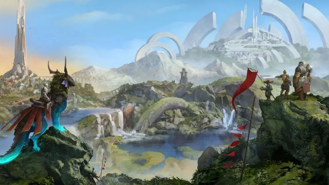 Witaj w świecie Guild Wars 3! Rycerz na magicznym stworzeniu obserwuje krajobraz z wodospadami i futurystycznymi budowlami.