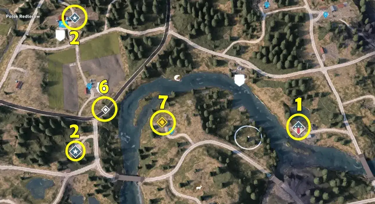 Mapa z gry Far Cry 5. Poradnik pokazuje lokalizacje z numerami 1, 2, 6 i 7, oznaczone symbolami.