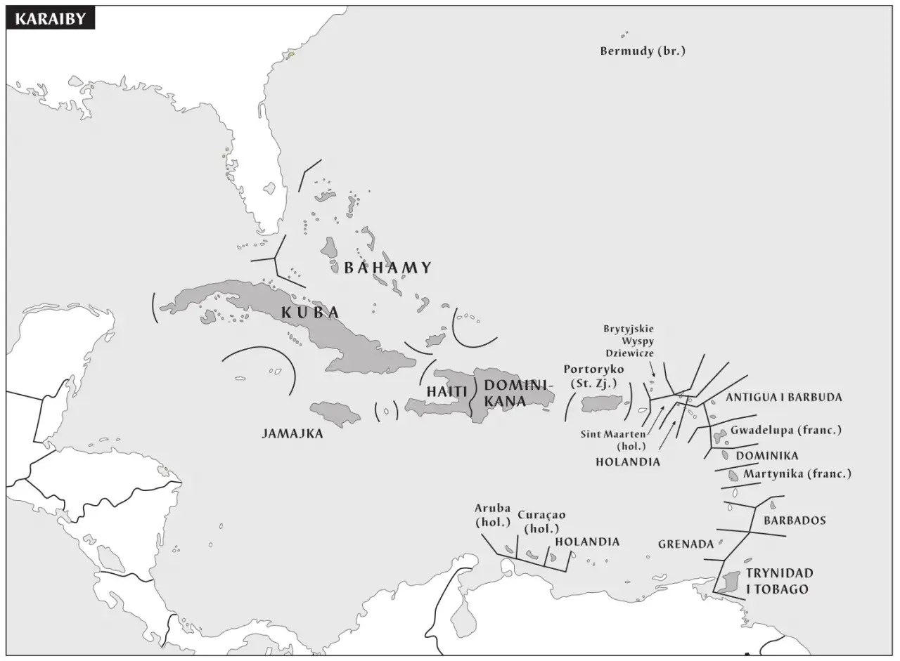 Mapa Karaibów z zaznaczonymi wyspami: Kuba, Bahamy, Jamajka, Haiti, Dominikana, Portoryko, Antigua i Barbuda, Gwadelupa, Dominika, Martynika, Barbados, Trynidad i Tobago. Pokazuje, gdzie leży Morze Karaibskie.