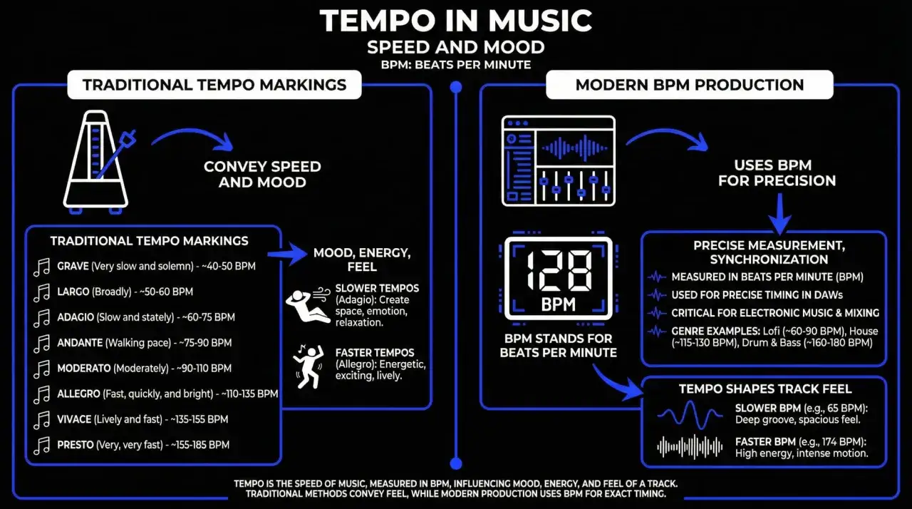 Tempo to rytm muzyki, określający jej nastrój i energię. Wykres porównuje tradycyjne oznaczenia tempa z nowoczesnym użyciem BPM.