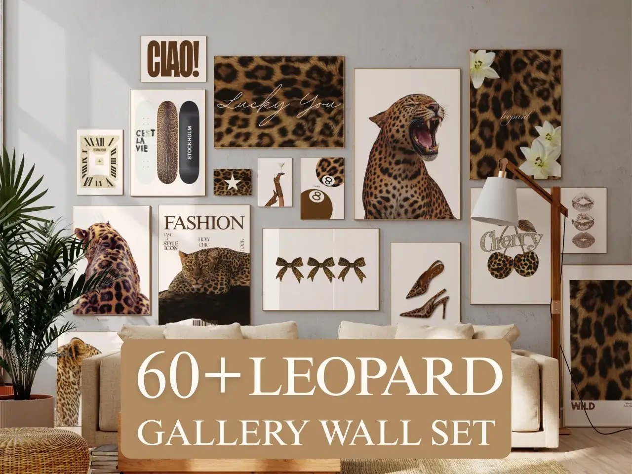 Un salon d&eacute;cor&eacute; avec un mur de cadres au **motif animalier** de l&eacute;opard, incluant des tableaux de l&eacute;opards rugissants, des chaussures et des planches de skateboard.