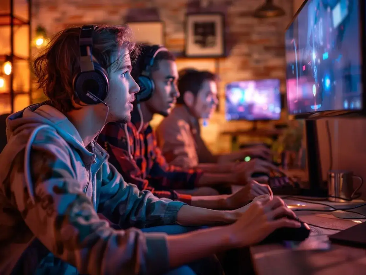 Trzech przyjaciół w słuchawkach gra w gry multiplayer PC. Skupieni na ekranach, wciągnięci w wirtualny świat.