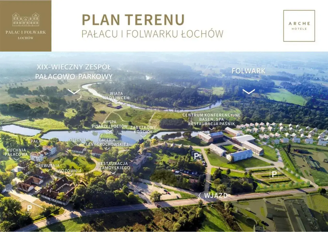 Plan terenu Pałacu i Folwarku Łochów. Widok z lotu ptaka na zespół pałacowo-parkowy, folwark, centrum konferencyjne, basen, spa, restauracje i inne obiekty.