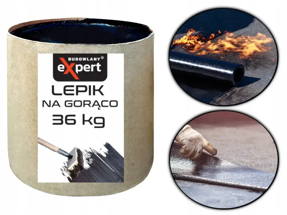 Rolka lepiku na gorąco 36 kg. Pokazano też jego zastosowanie: zgrzewanie palnikiem i ręczne rozprowadzanie. To lepik inaczej, bo skutecznie!