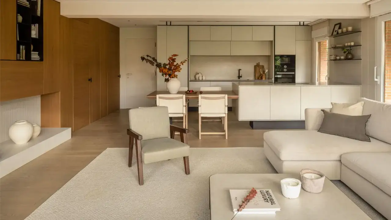 Un salón-comedor moderno y luminoso, obra de una arquitecta de interiores, con cocina integrada, muebles de madera y tonos neutros.