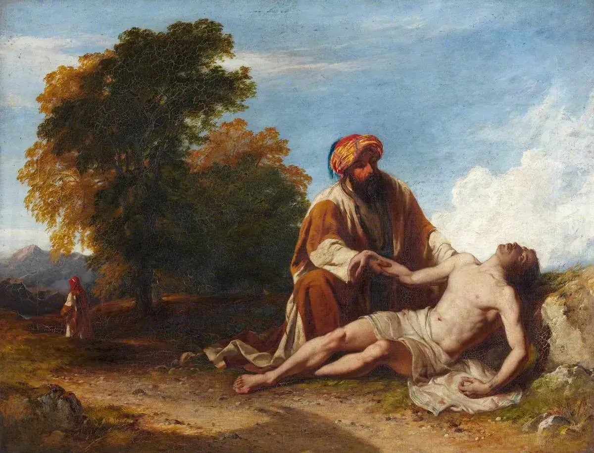 Przypowieść o miłosiernym Samarytaninie: mężczyzna w turbanie opatruje rannego leżącego na ziemi.
