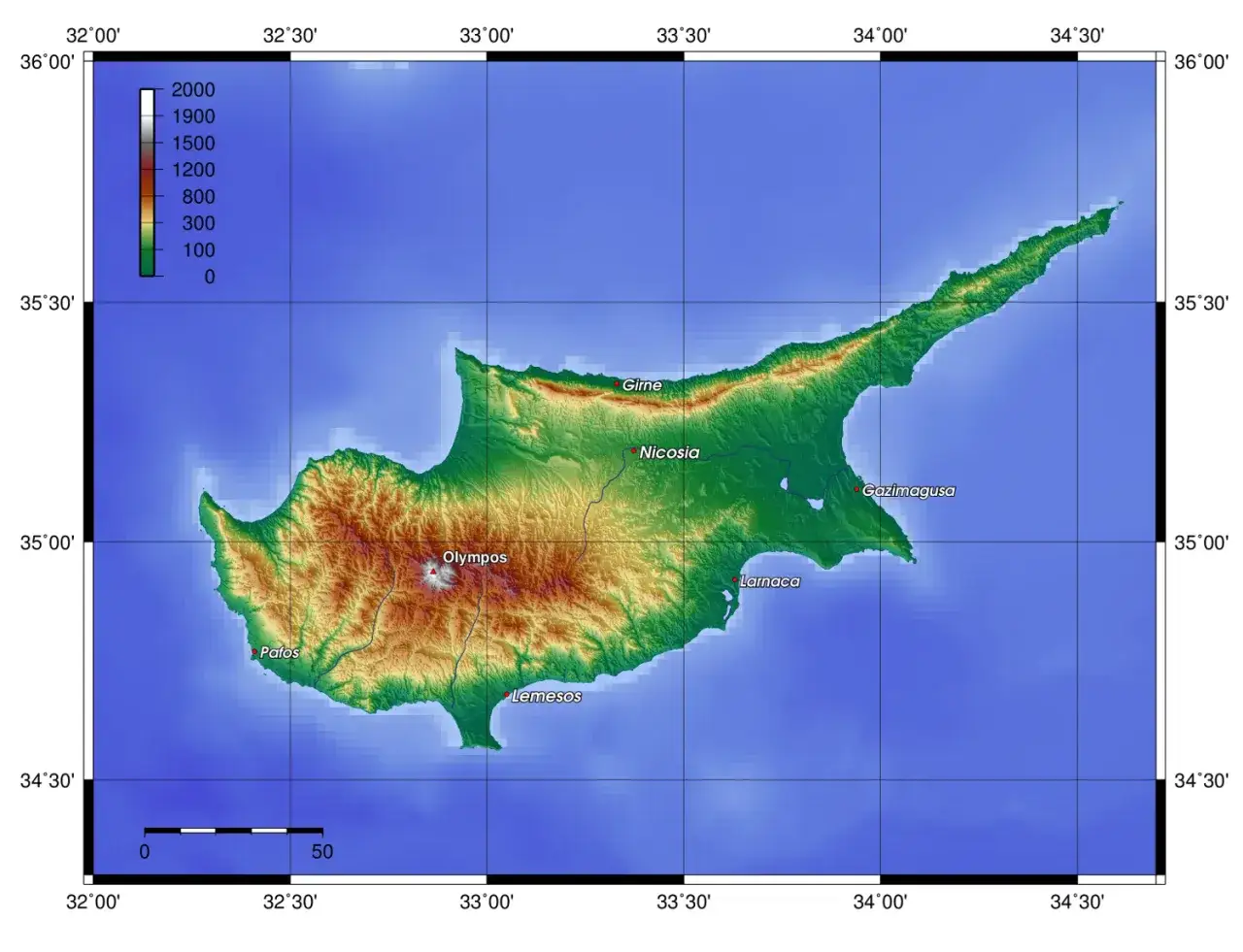 Mapa fizyczna Cypru z g&oacute;rami Trodos i Kyreńskimi