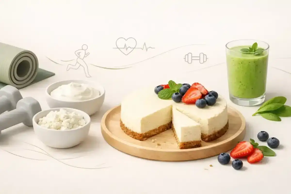 Pyszny, lekki sernik z owocami, obok smoothie i składniki do jego przygotowania. Idealny fit posiłek po treningu.