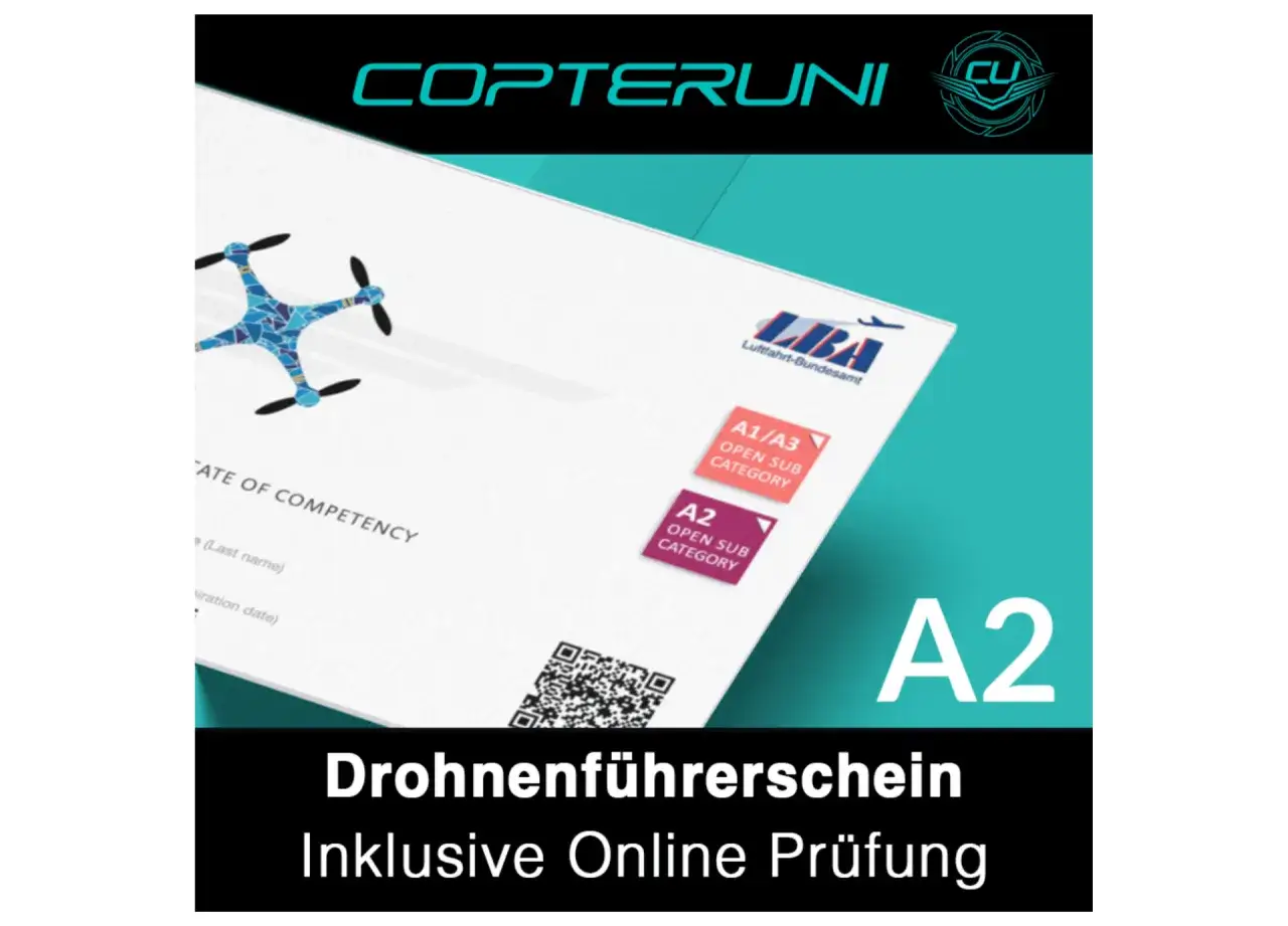 Drohnenführerschein mit A2-Kategorie, inklusive Online-Prüfung. Das Zertifikat zeigt ein stilisiertes Drohnenbild und das Logo des Luftfahrt-Bundesamtes.
