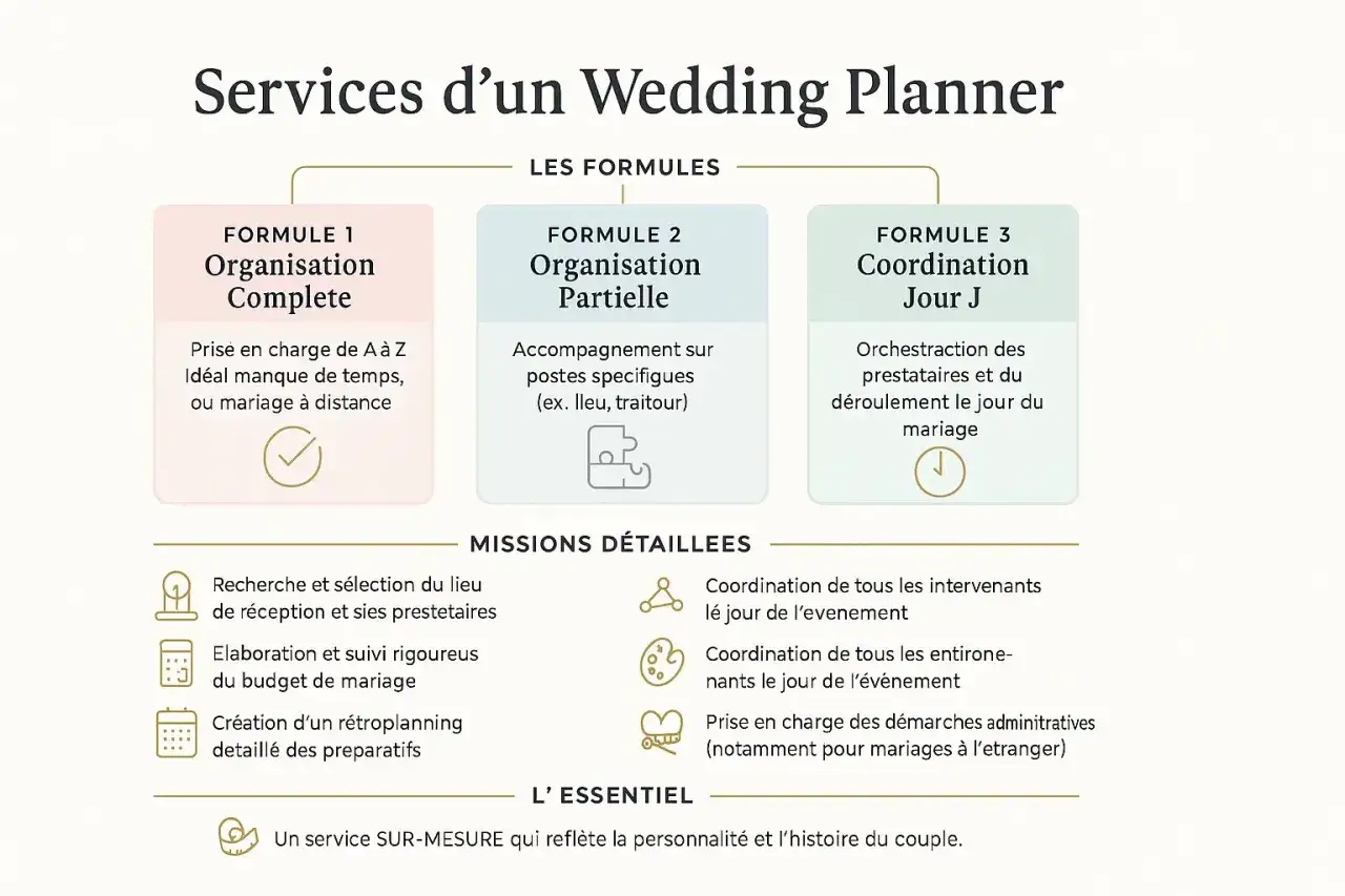 Services d'un wedding planner : organisation compl&egrave;te, partielle ou coordination du jour J. Missions d&eacute;taill&eacute;es et service sur-mesure.