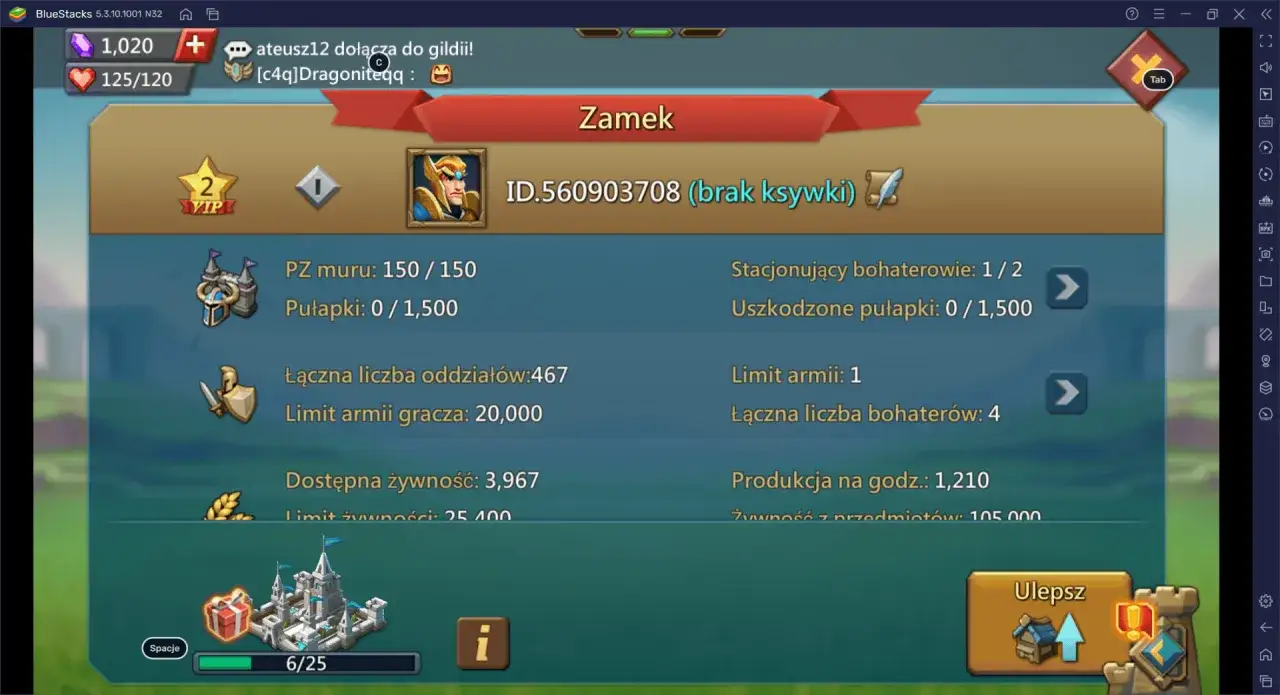 Zrzut ekranu z gry Lords Mobile, pokazujący statystyki zamku i zasoby. To dobry lords mobile poradnik dla początkujących.