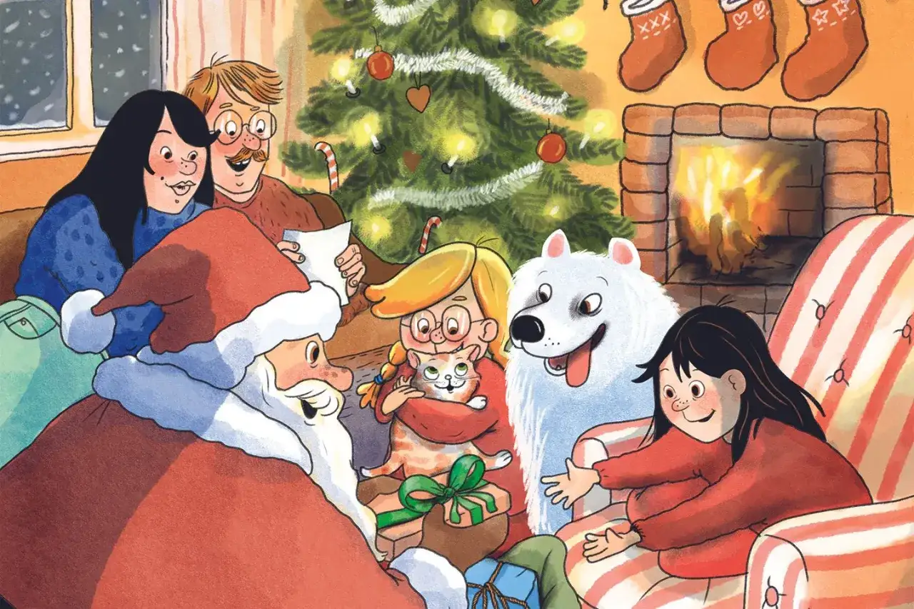 En familj med tomten, en hund och en katt firar jul vid granen. H&auml;r finns fakta om jul.