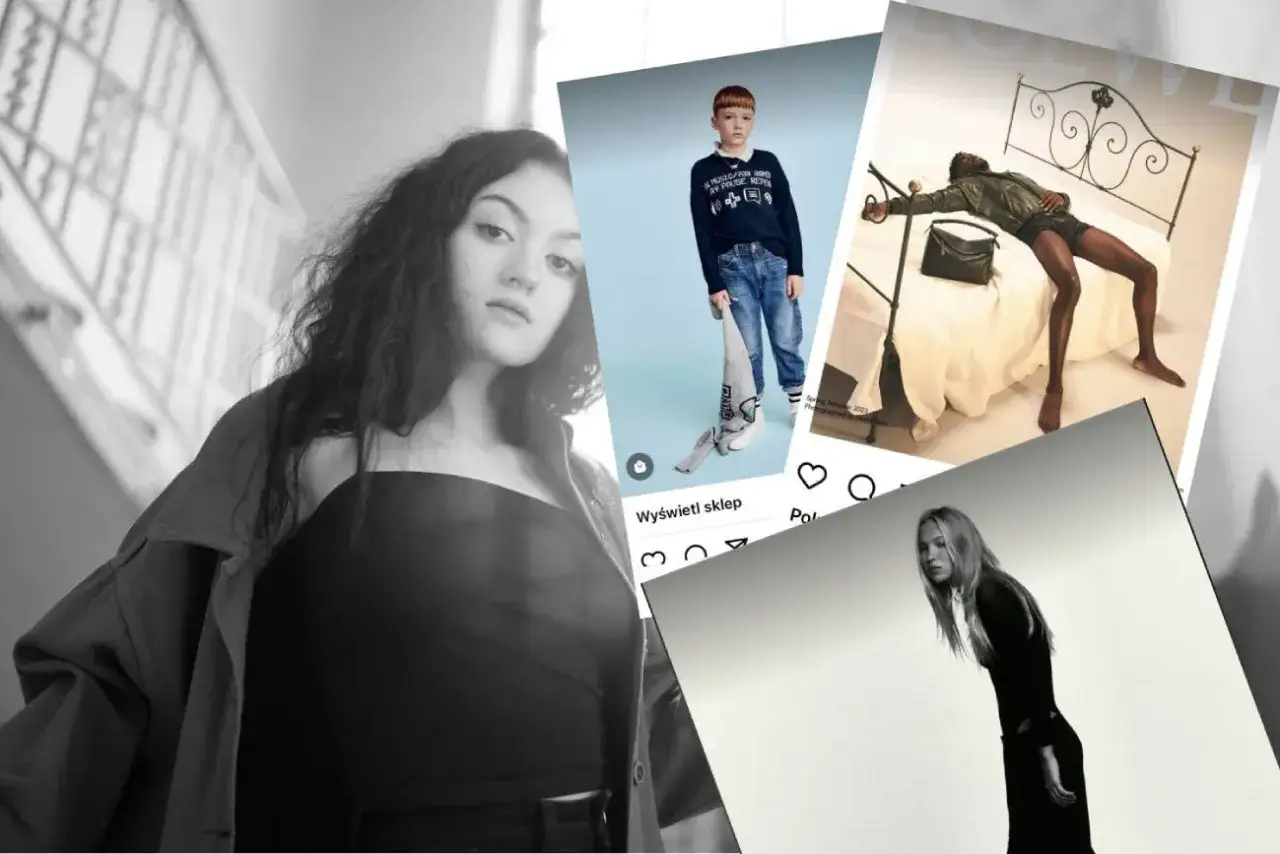 Młoda kobieta na pierwszym planie, obok kolaż zdjęć: chłopiec w ubraniach marki, mężczyzna na łóżku i modelka. Czy to powód, dlaczego syn znanej projektantki mody nie chce nosić ubrań jej marki?