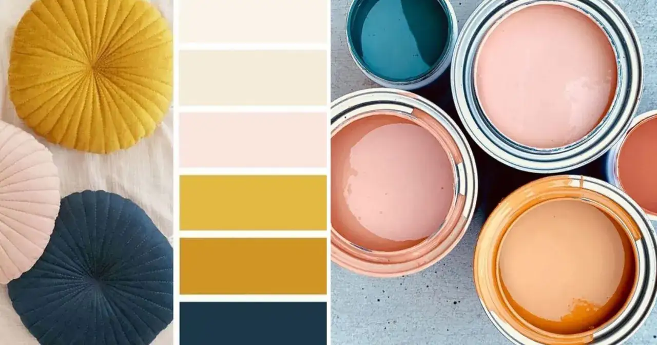 Palette de couleurs inspirée par des coussins texturés et des pots de peinture ouverts. Un guide couleur peinture pour des projets audacieux.