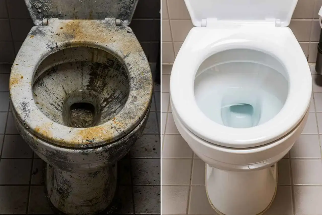 Comparaison avant/apr&egrave;s : un WC tr&egrave;s sale transform&eacute; en un WC &eacute;tincelant gr&acirc;ce &agrave; l'acide citrique.