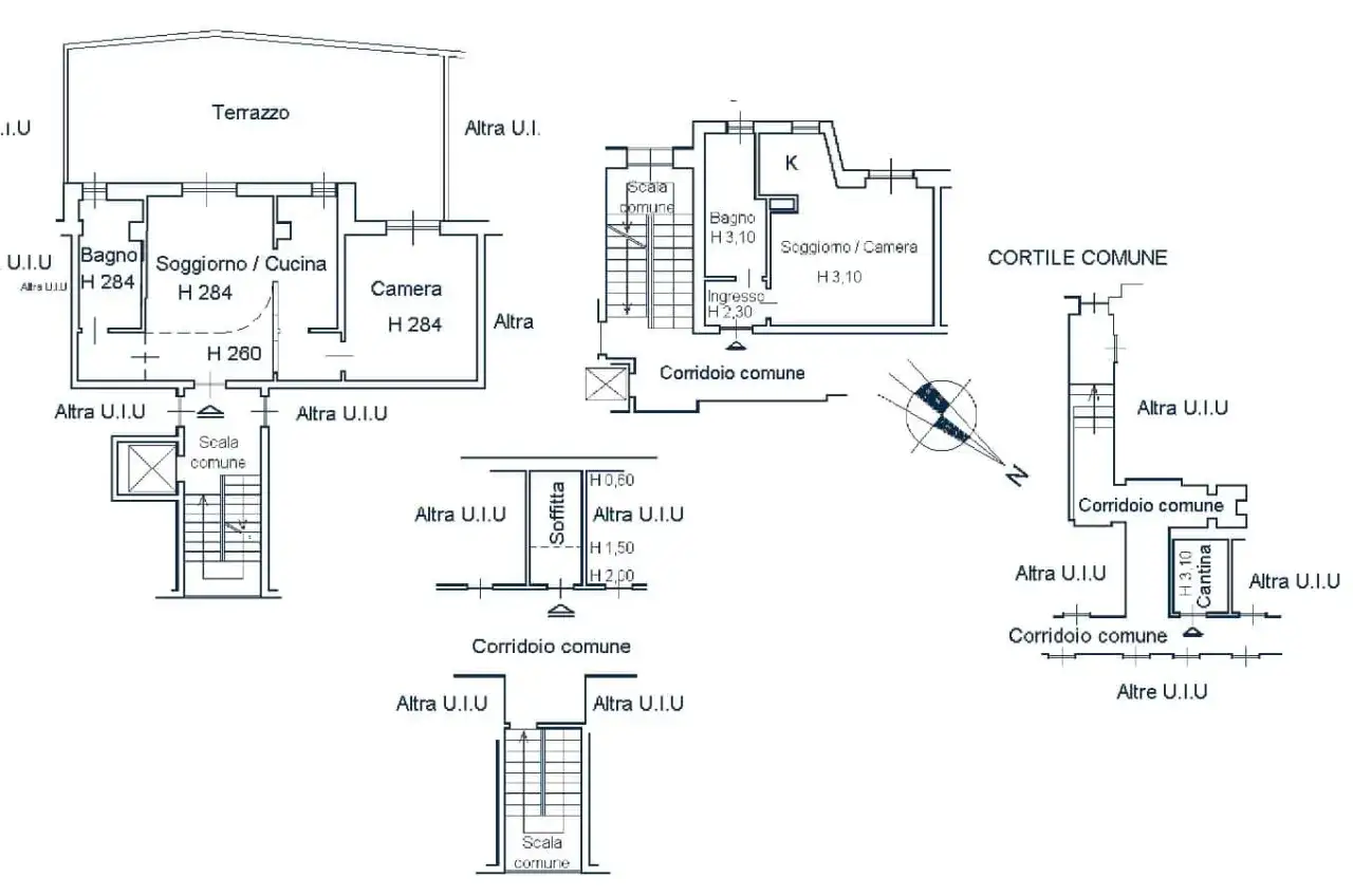 Piante di unit&agrave; immobiliari con indicazioni di altezze e spazi comuni, utili per un progetto di frazionamento unit&agrave; immobiliare.