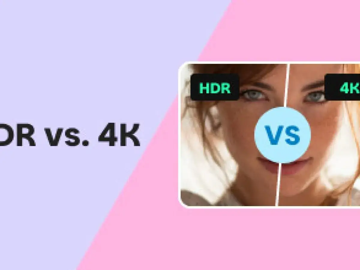 Porównanie HDR vs. 4K. Obraz podzielony na dwie części, prezentujące twarz kobiety w różnych formatach.