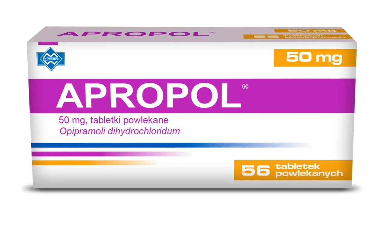 Opakowanie leku APROPOL 50 mg, zawierające 56 tabletek powlekanych z chlorowodorkiem opipramolu.