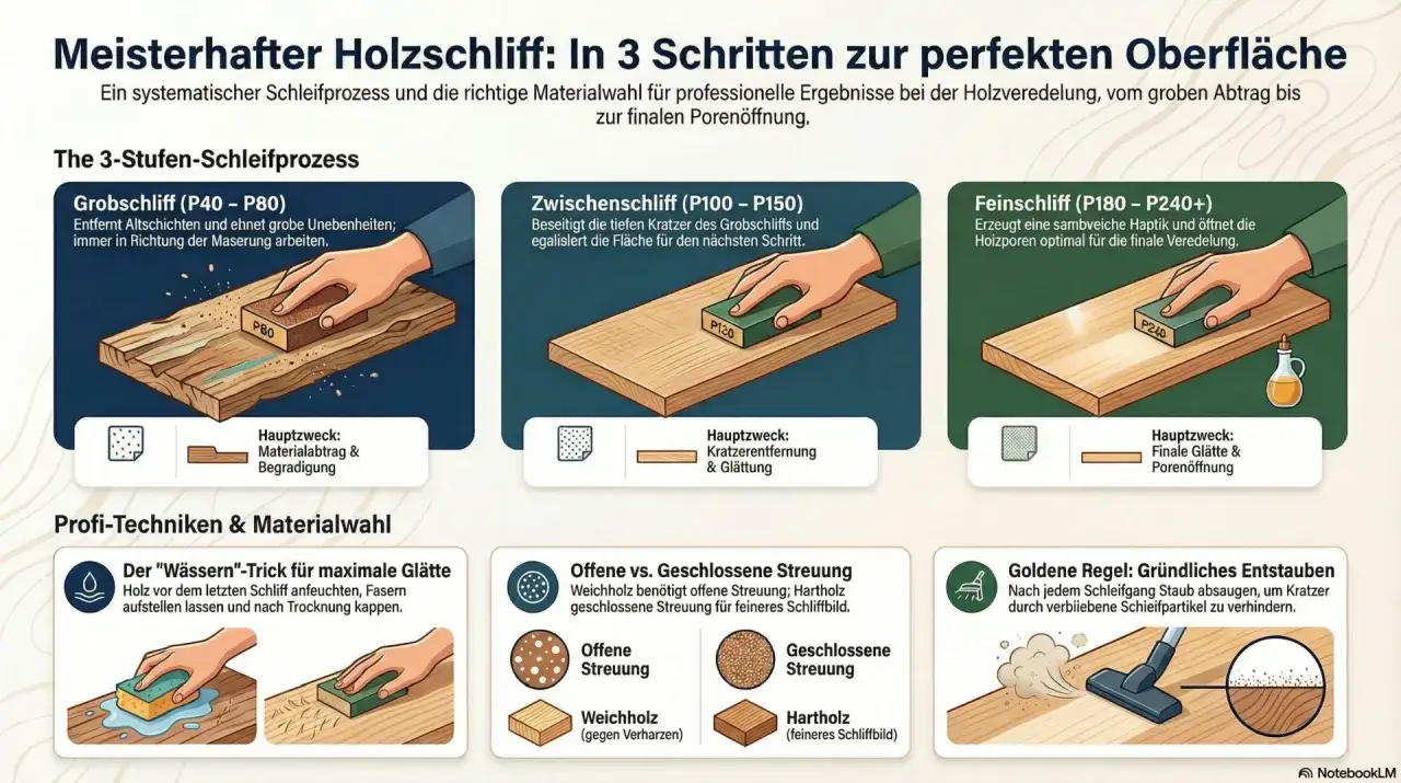 Holz schleifen: Grob-, Zwischen- und Feinschliff f&uuml;r perfekte Oberfl&auml;chen. Illustrationen zeigen den Prozess und Profi-Tipps.