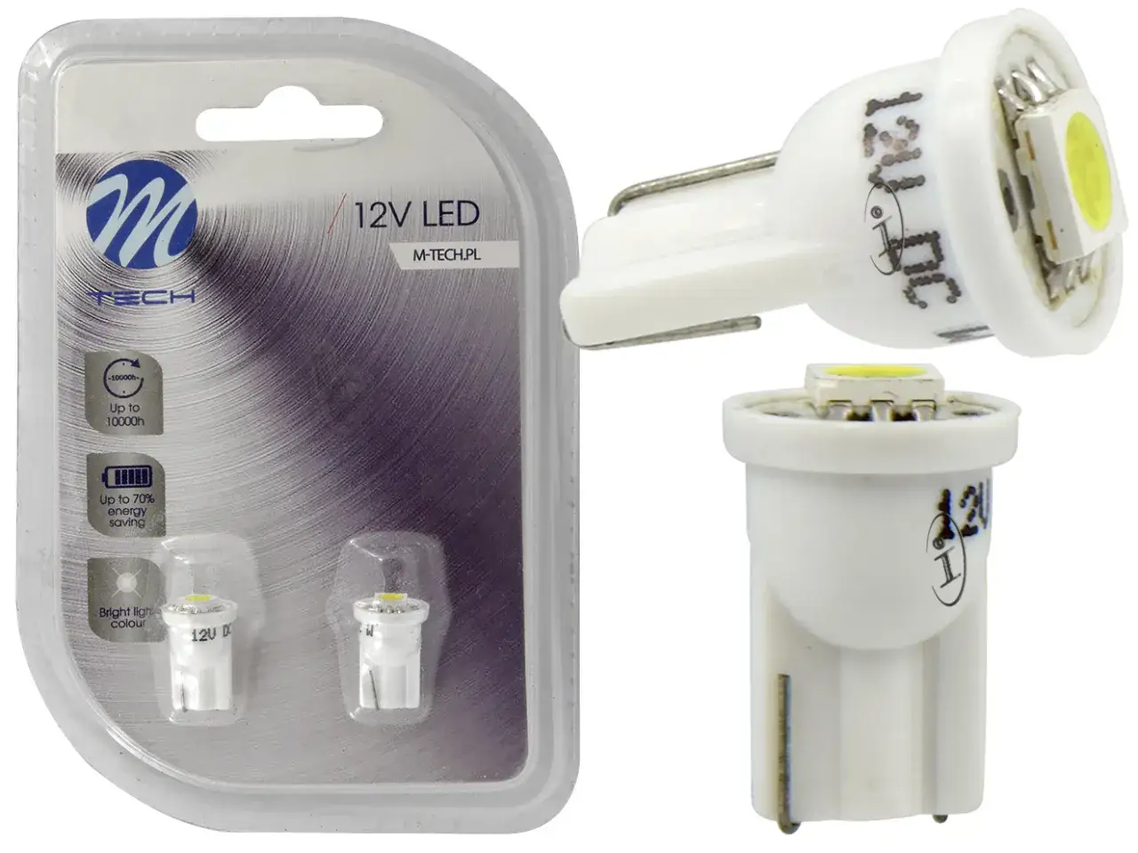 Opakowanie żarówek postojowych LED 12V M-Tech. Czy żarówki postojowe led są legalne? Długowieczne, energooszczędne.