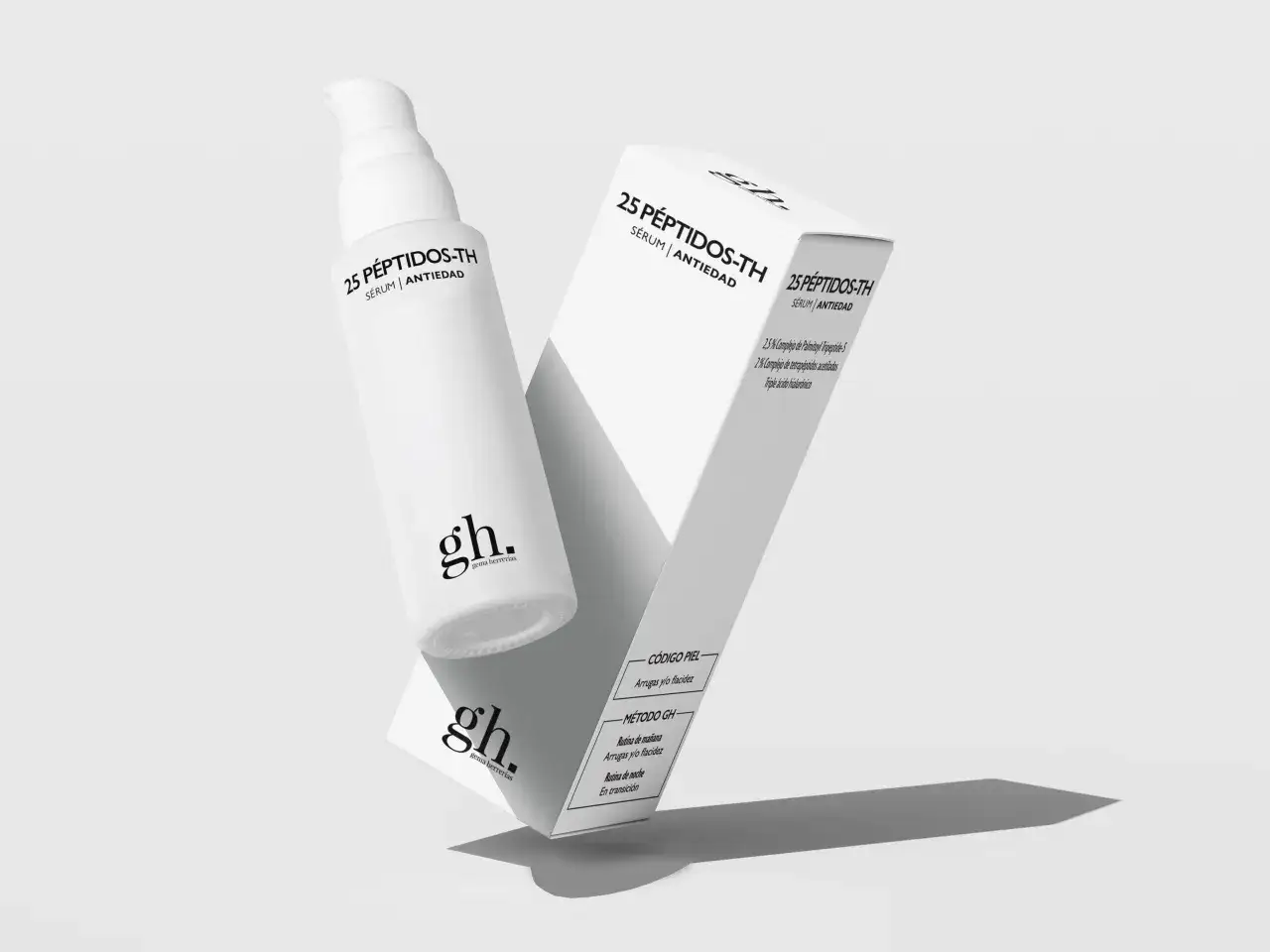 Sérum antiedad con péptidos en cosmética, que combate arrugas y flacidez. Presentación de producto y caja.