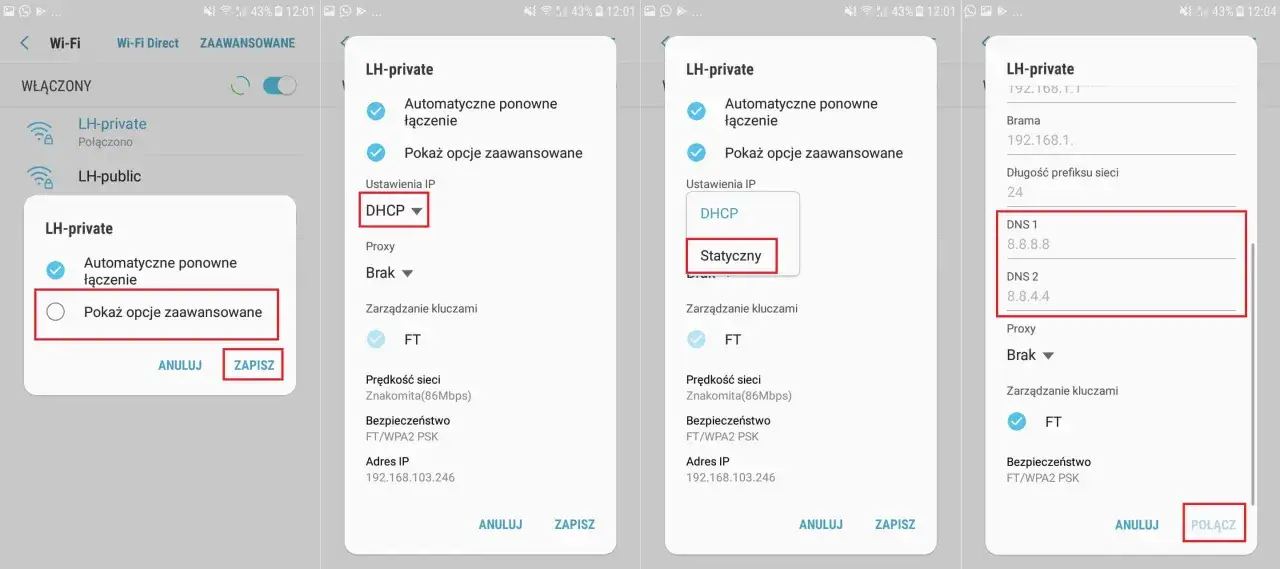 Konfiguracja sieci Wi-Fi LH-private, gdzie ustawiono statyczny adres IP i wpisano adresy serwerów DNS Google: 8.8.8.8 i 8.8.4.4.