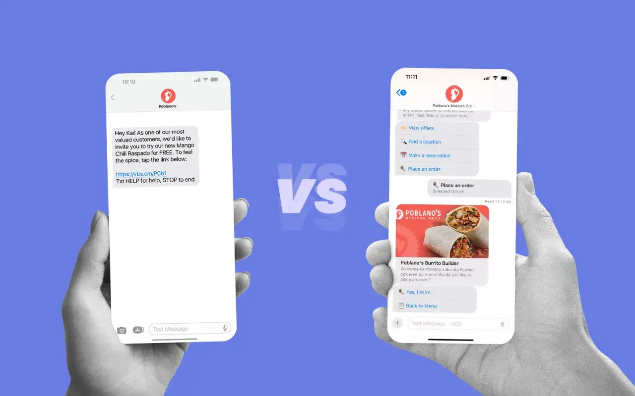 Dwa telefony porównujące tradycyjne SMS-y z interaktywnymi wiadomościami RCS od restauracji Poblano's.
