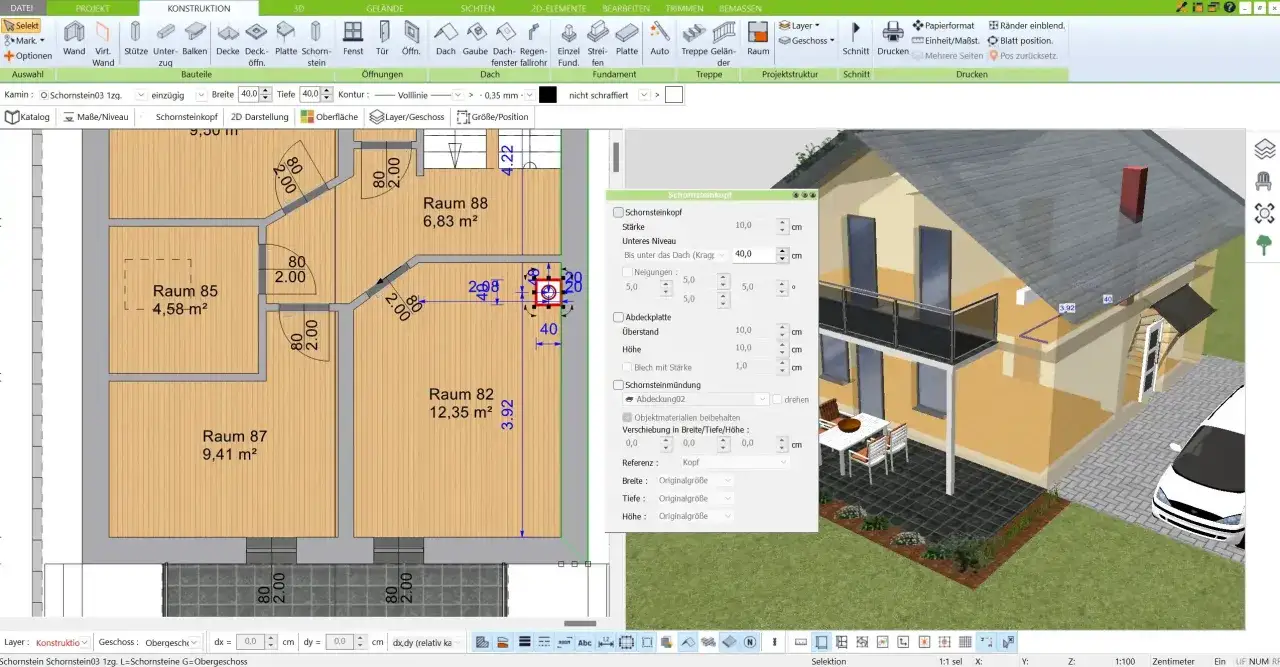 Planung eines Kamin-Neubaus mit Software. Der Schornstein wird auf dem Dach platziert.