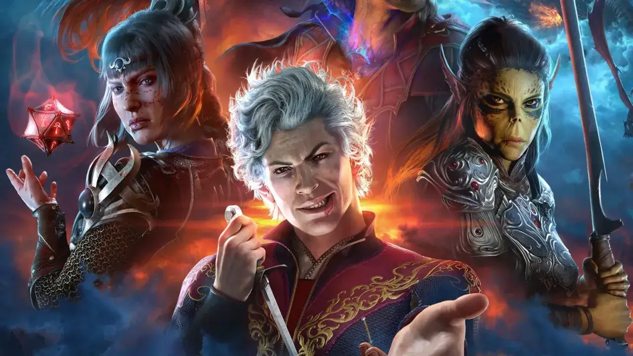 Personajes de Baldur's Gate 4: un hombre con cabello plateado y sonrisa pícara, una mujer con armadura y un dado rojo flotante, y una elfa con armadura y espada.