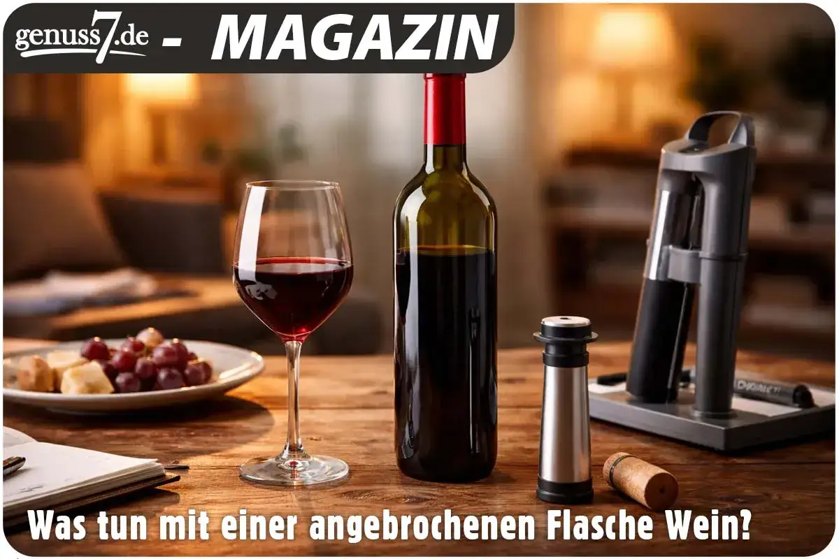 Rotwein im Glas, Flasche und Zubeh&ouml;r auf dem Tisch. Die Frage: kann man Rotwein nach 2 Wochen noch trinken?