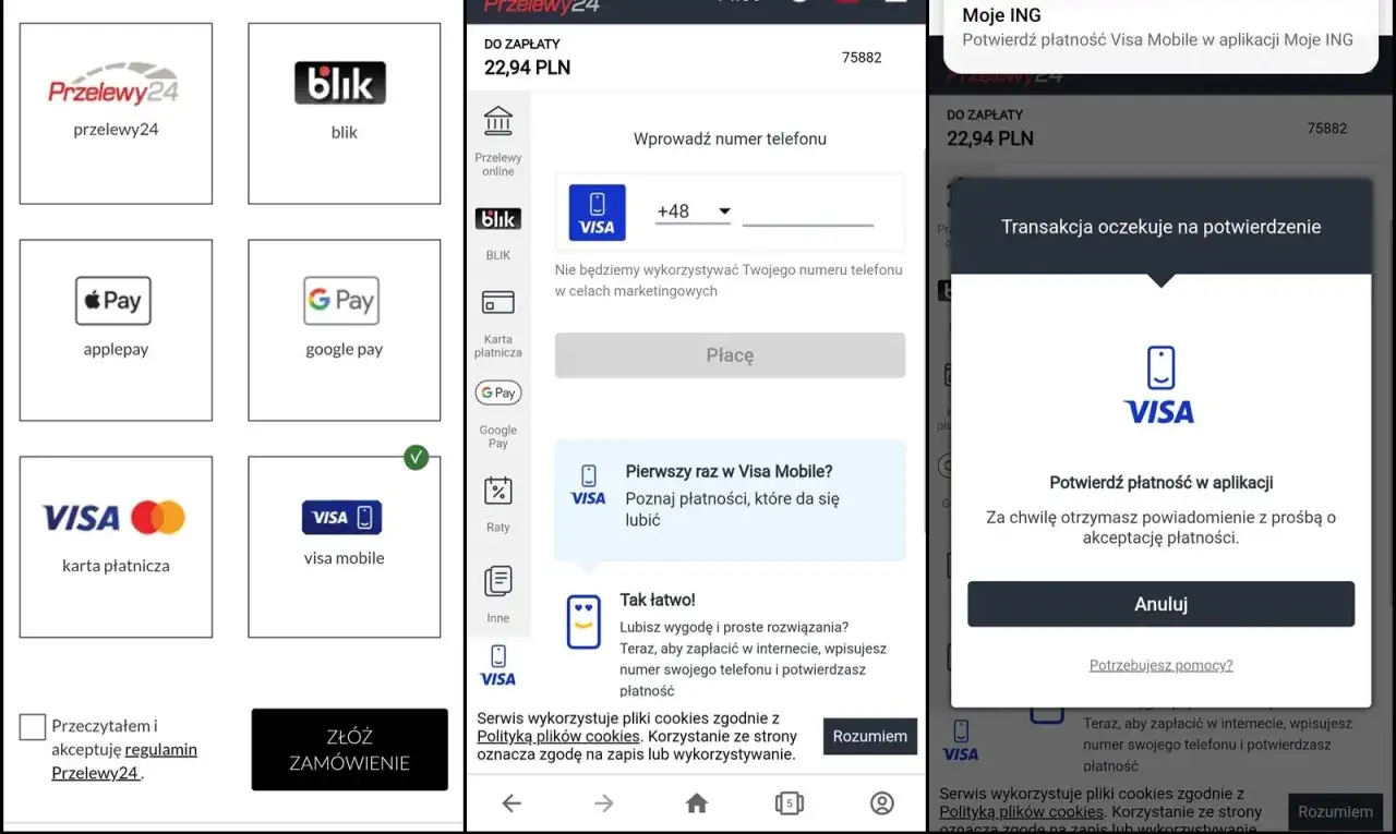 Ekran płatności z opcją wyboru metody: karta płatnicza, Apple Pay, Google Pay, BLIK, a także dedykowana opcja Visa Mobile. Transakcja oczekuje na potwierdzenie w aplikacji.