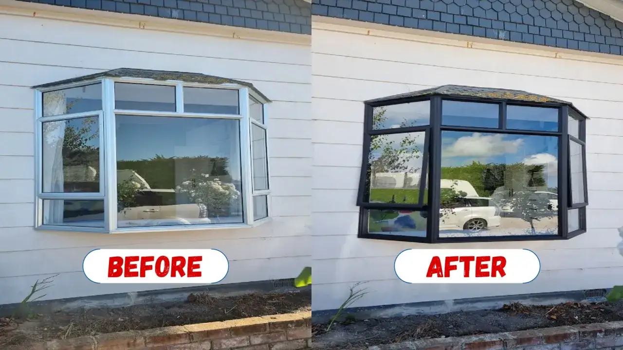 Antes y despu&eacute;s de pintar ventanas de aluminio de blanco a negro, modernizando la fachada de la casa.