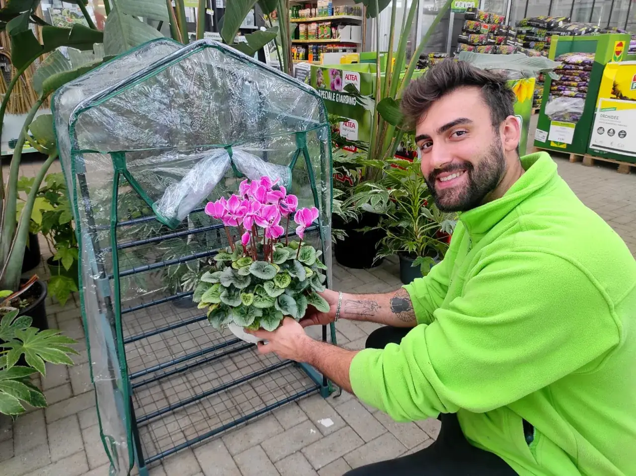 Uomo sorridente mostra un ciclamino rosa accanto a una serra da balcone trasparente.