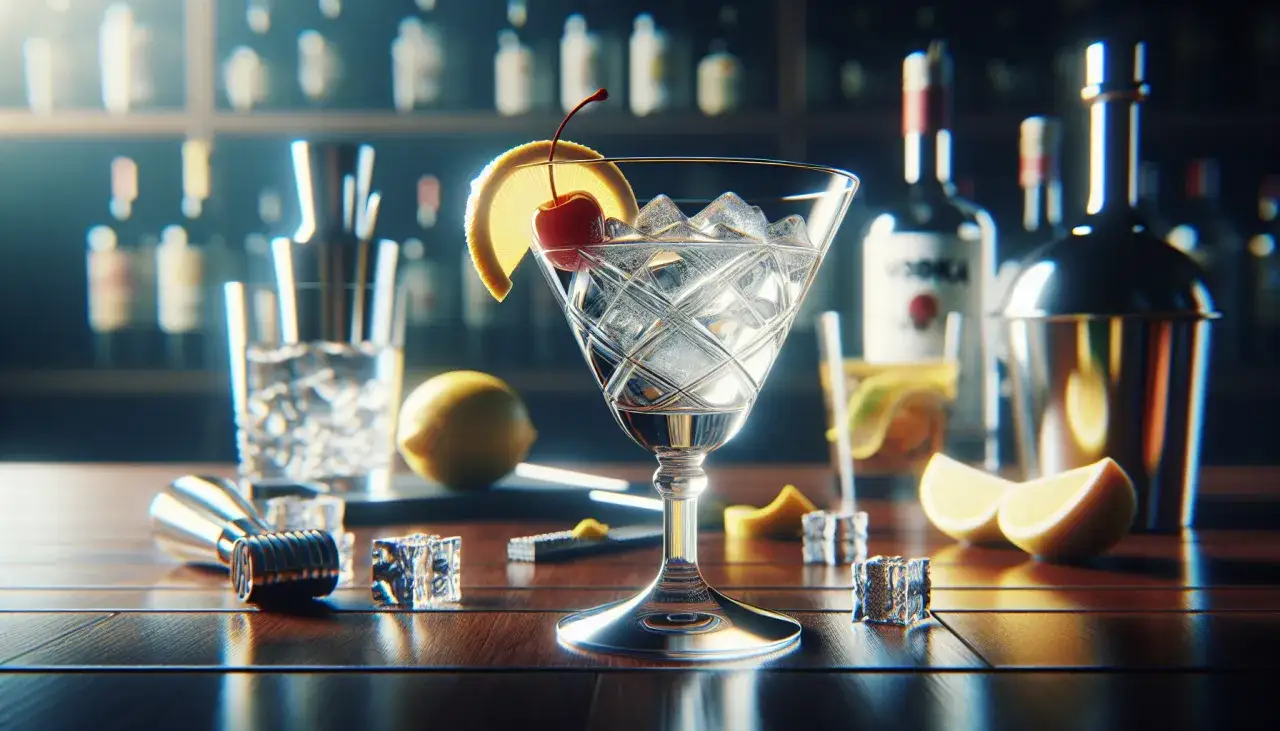 Elegancki kielich z lodem i wiśnią, cytryna, shaker i butelka wódki. Idealne składniki do przygotowania vodka sour przepis.