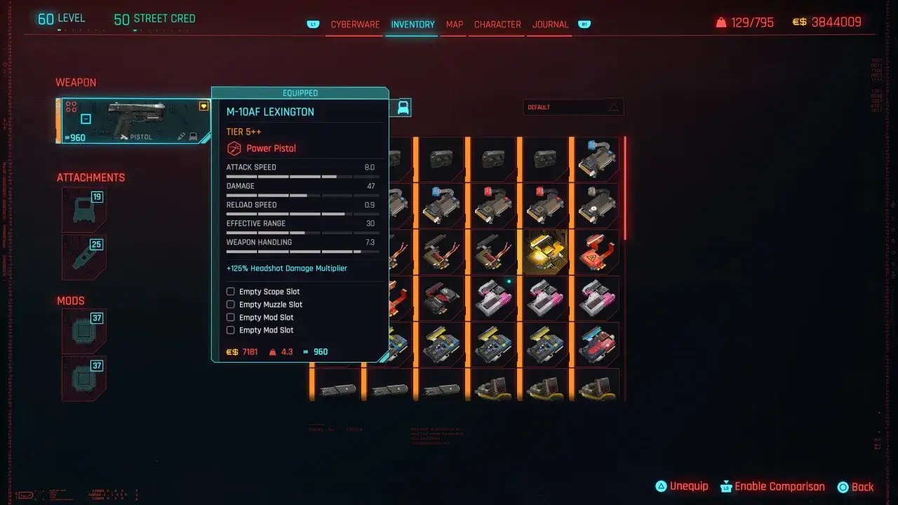 Interfejs gry Cyberpunk 2077. Widoczny ekwipunek: pistolet M-10AF Lexington, jego statystyki i dostępne modyfikacje. Cel pal cyberpunk.