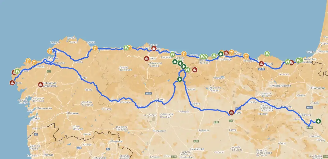 Karte mit markierter Route f&uuml;r einen Nordspanien Urlaub, die von Galicien &uuml;ber Asturien und Kantabrien bis ins Baskenland f&uuml;hrt.