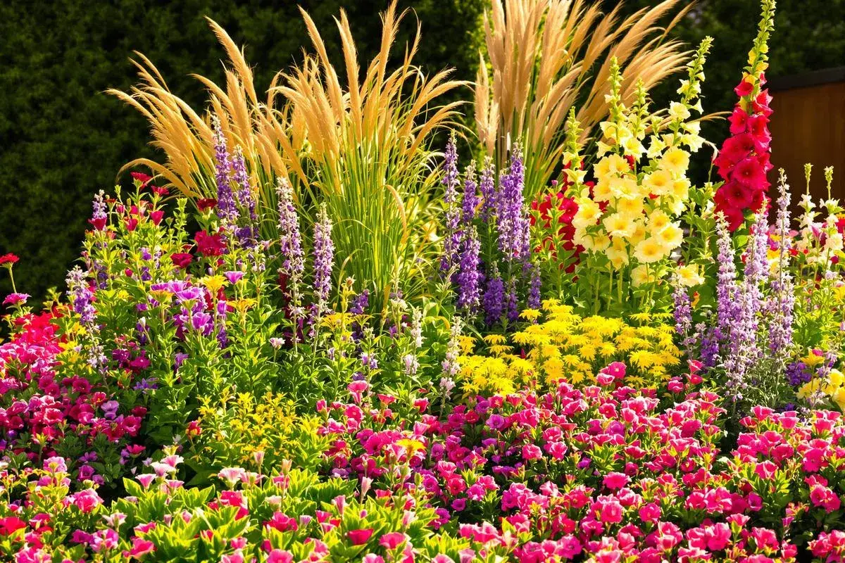 Un parterre fleuri aux couleurs vives, avec des gramin&eacute;es dor&eacute;es, des delphiniums violets et des fleurs roses et jaunes. La texture plante est riche et vari&eacute;e.