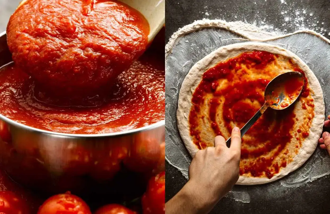 Salsa de tomate casera, la mejor salsa de tomate para pizza, lista para untar en una masa fresca.