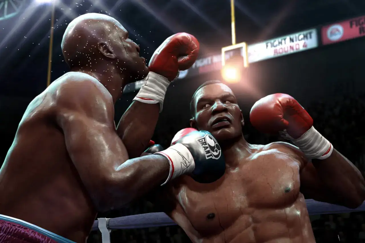 Dos boxeadores en pleno combate, sudor y polvo en el aire. Una escena intensa de los juegos de boxeo pc.
