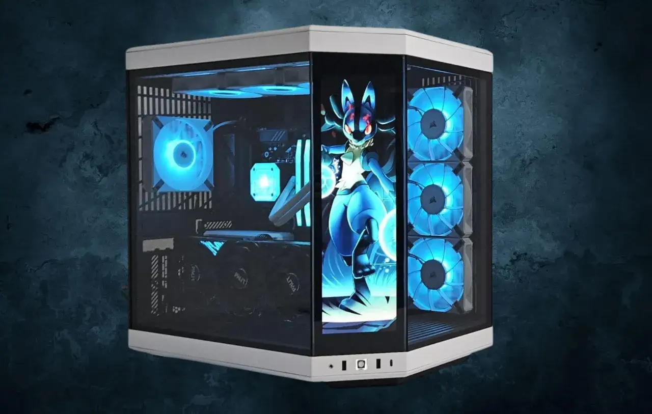 Ein beleuchteter Gaming-PC mit einem Lucario-Motiv. Die L&uuml;fter leuchten blau, was den **gaming pc stromverbrauch** unterstreicht.