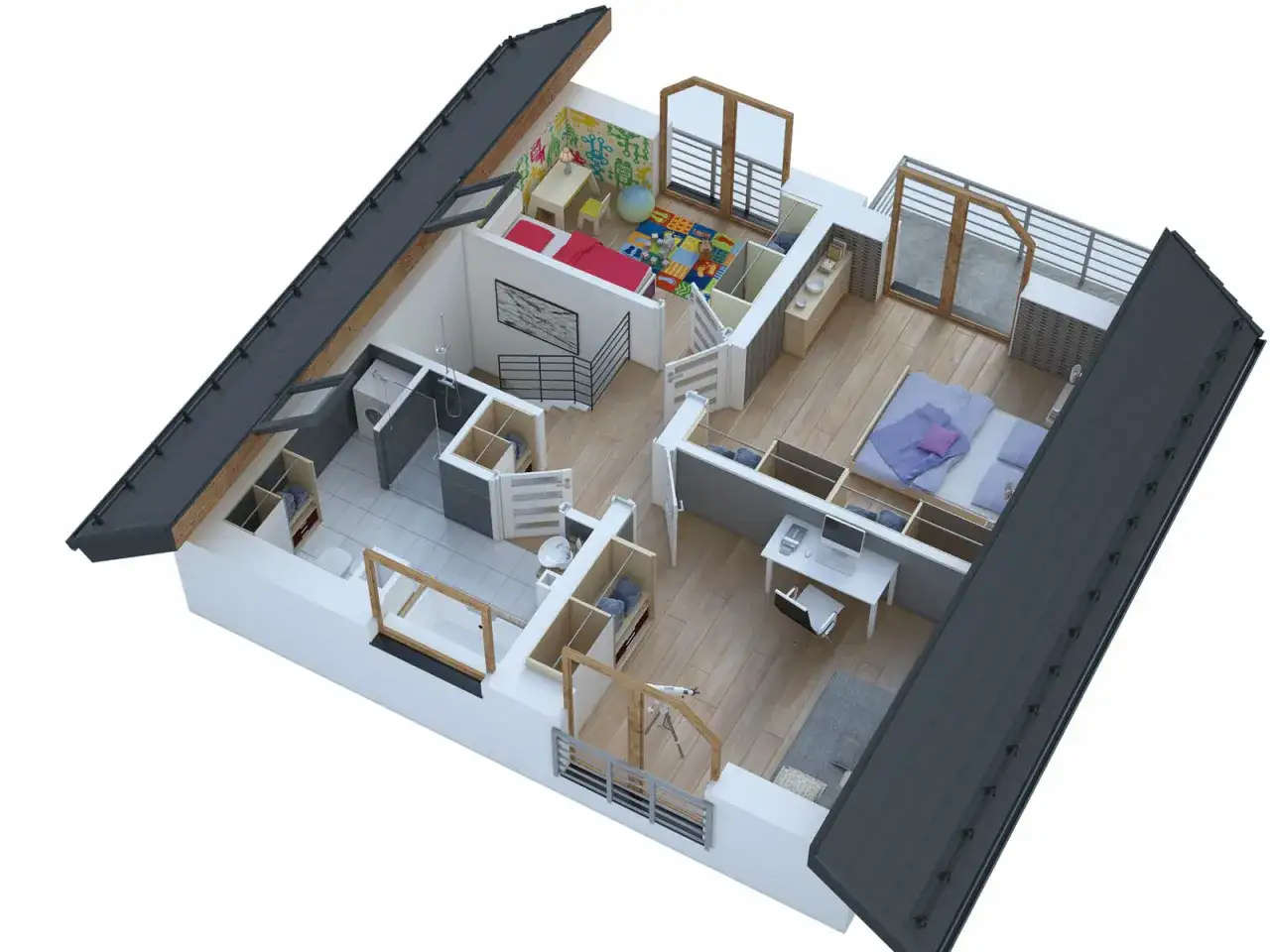 Wizualizacja domu do 70m2 bez pozwolenia projekt. Widok z góry na przytulne wnętrza: sypialnia, pokój dziecięcy, łazienka, kuchnia i balkon.