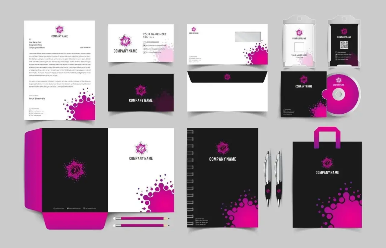 Conjunto de papelería corporativa con diseño moderno y vibrante, ideal para crear postales para imprimir y fortalecer tu marca.