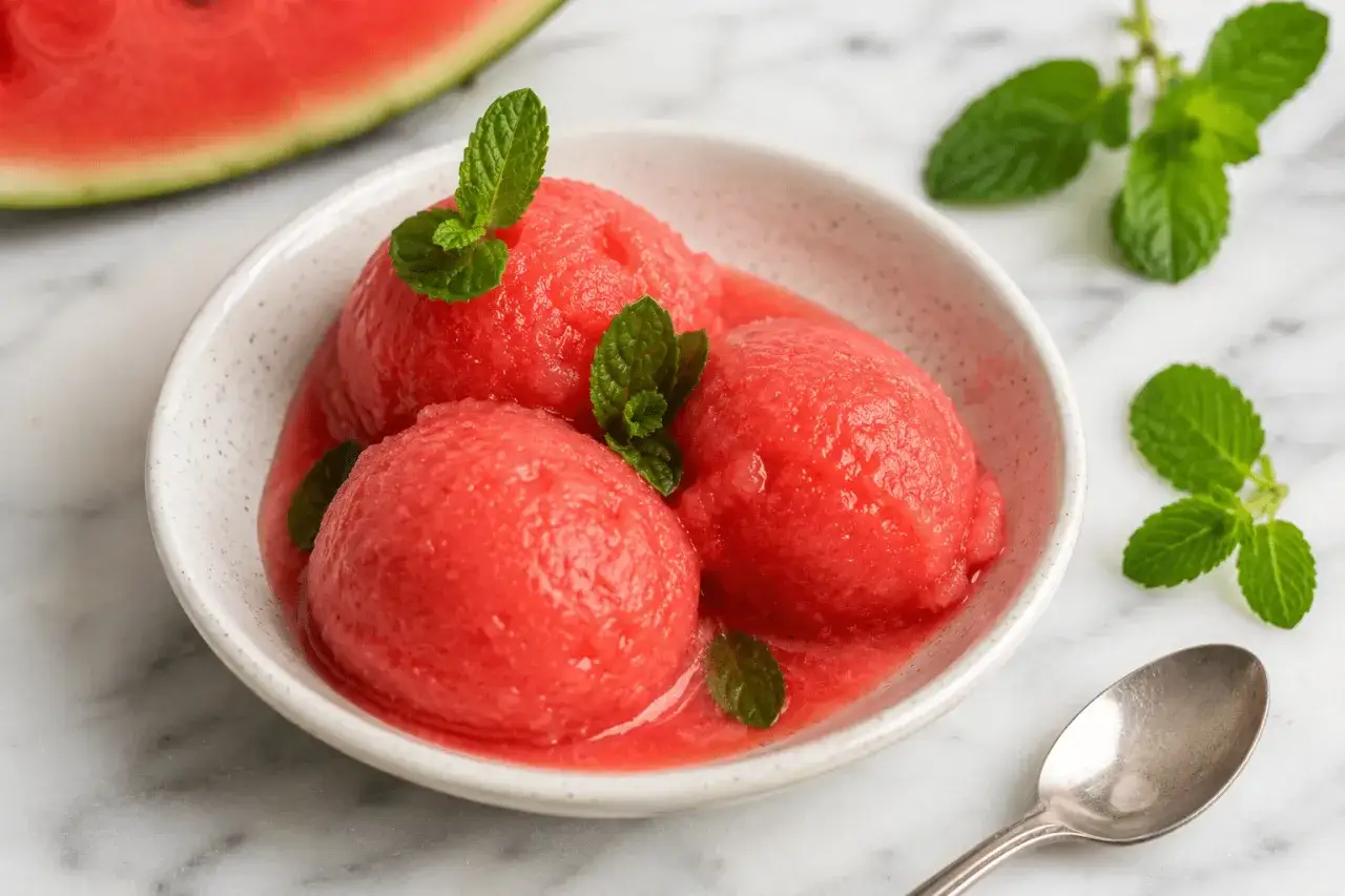 Erfrischendes Wassermelonen Sorbet in einer Schale, garniert mit Minze. Daneben ein Stück Wassermelone und ein Löffel.