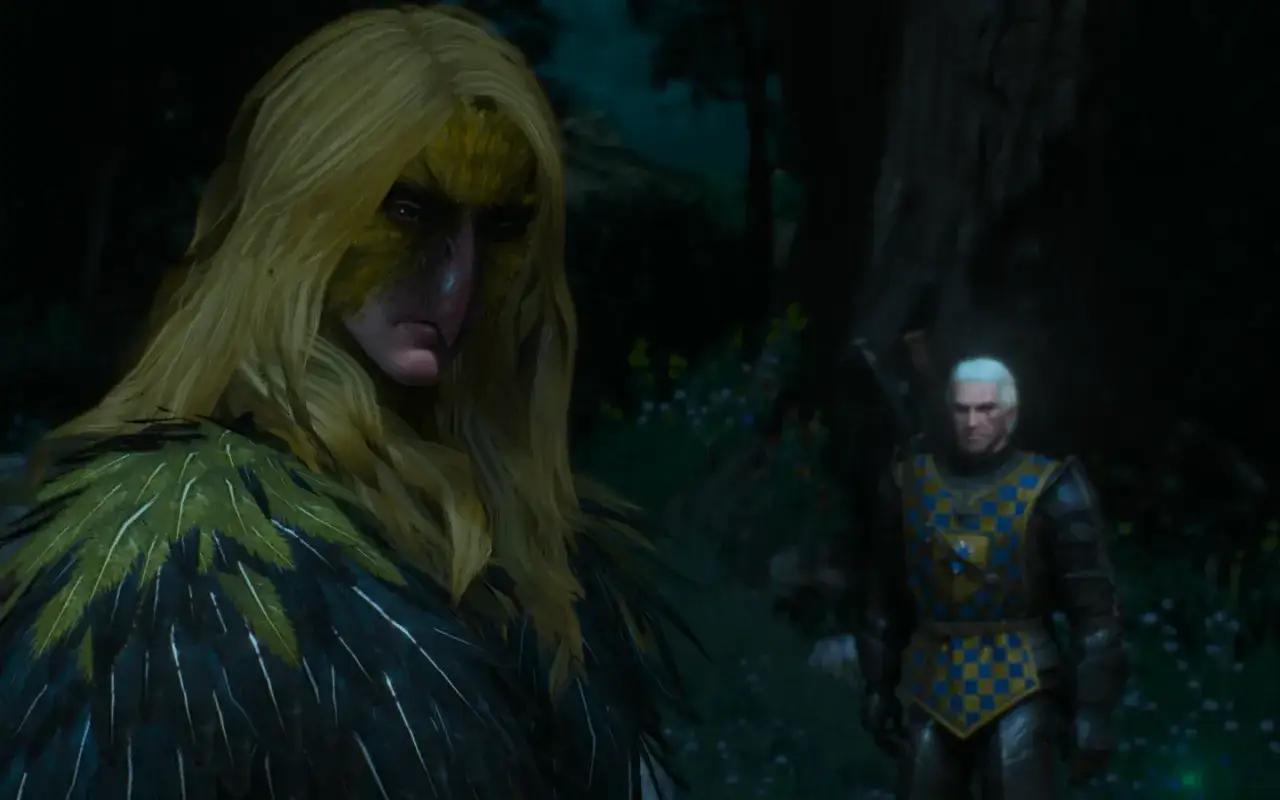 Vivienne z Wiedźmina 3 w ptasiej masce i z piórami na ramionach, w tle Geralt.