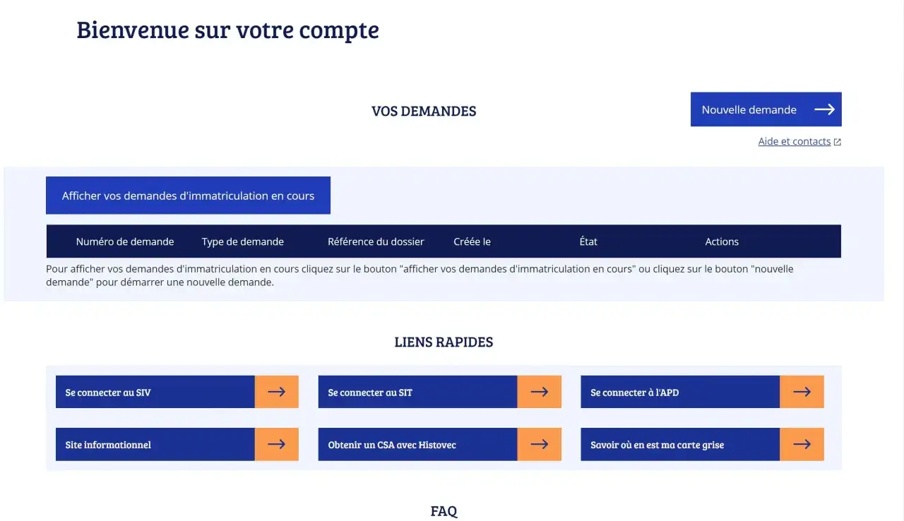 Tableau de bord pour le fichier immatriculation véhicules. Affiche les demandes en cours, permet d'en créer une nouvelle et donne accès à des liens rapides.