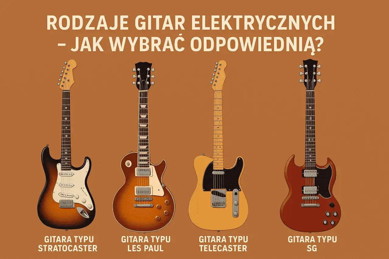 Cztery gitary elektryczne: Stratocaster, Les Paul, Telecaster i SG. Pierwsza gitara elektryczna, Stratocaster, ma biały pickguard.