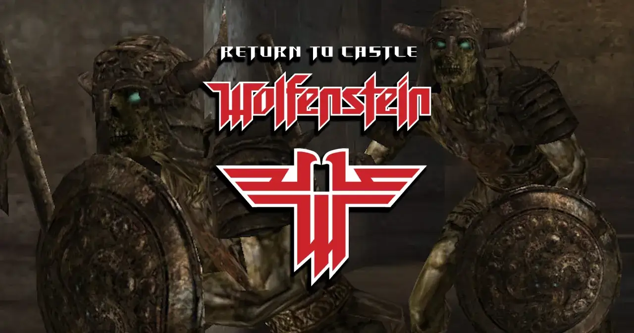 Powrót do zamku Wolfenstein: spolszczenie. Dwa szkielety w zbrojach z tarczami i mieczami, logo gry.